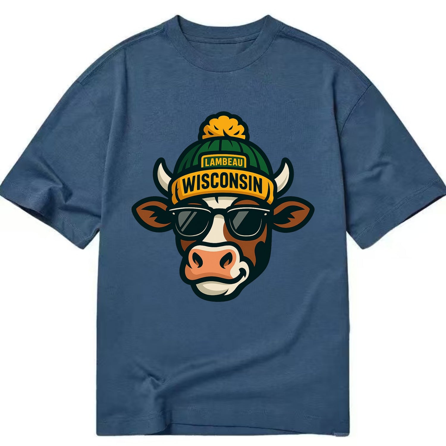 Wisconsin Cow wearing Packers beanie with Lambeau patch and wayfarer sunglasses - Classic T-shirt - Twilight Navy(Blue)