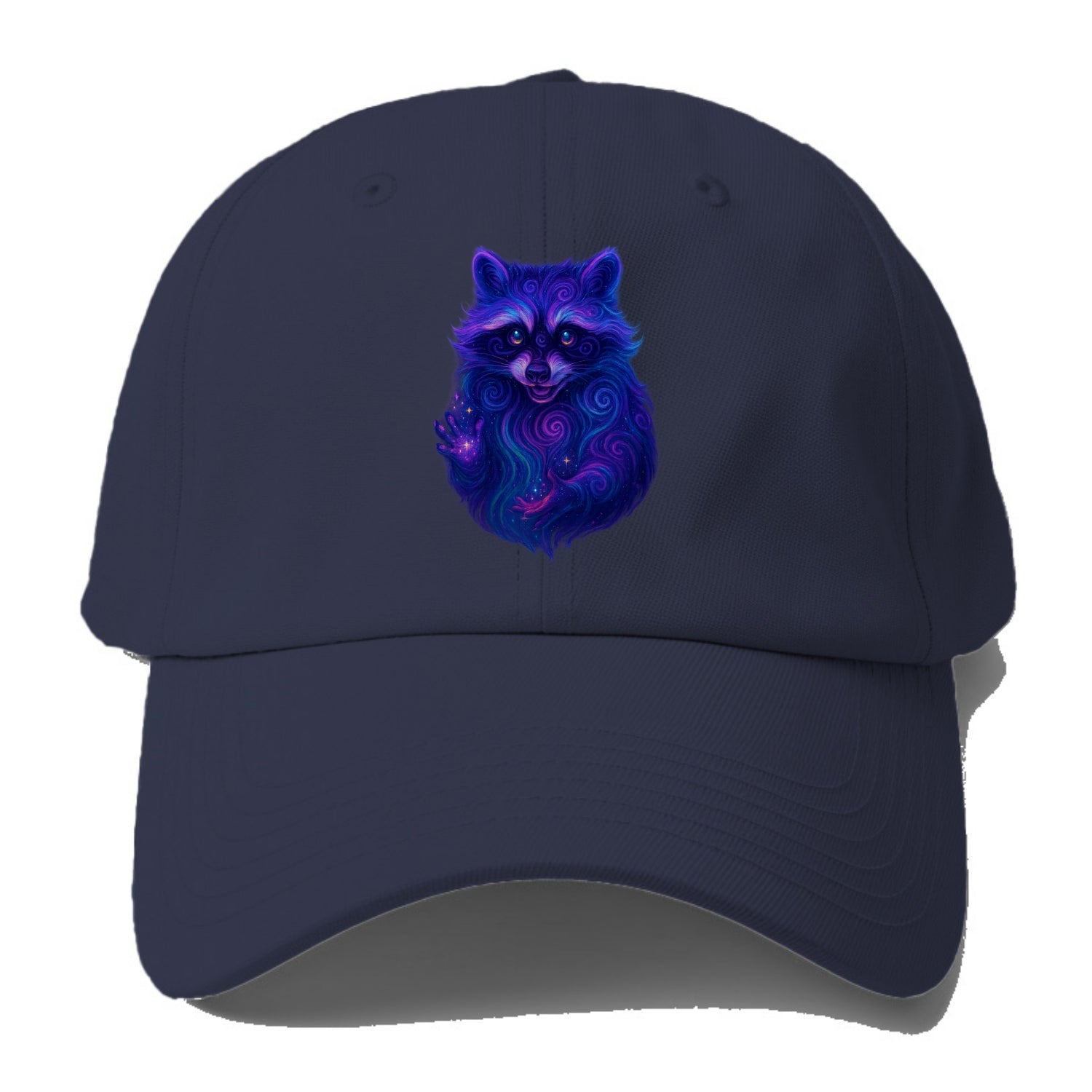 Playful raccoon with mask swirling in hypnotic patterns, neon purple and green fur - Baseball Cap - Twilight Navy(Blue)