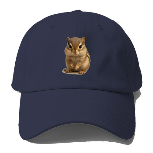 Baby Chipmunk - striped back, cheek pouches, tiny paws, bright eyes, front-facing, - Baseball Cap