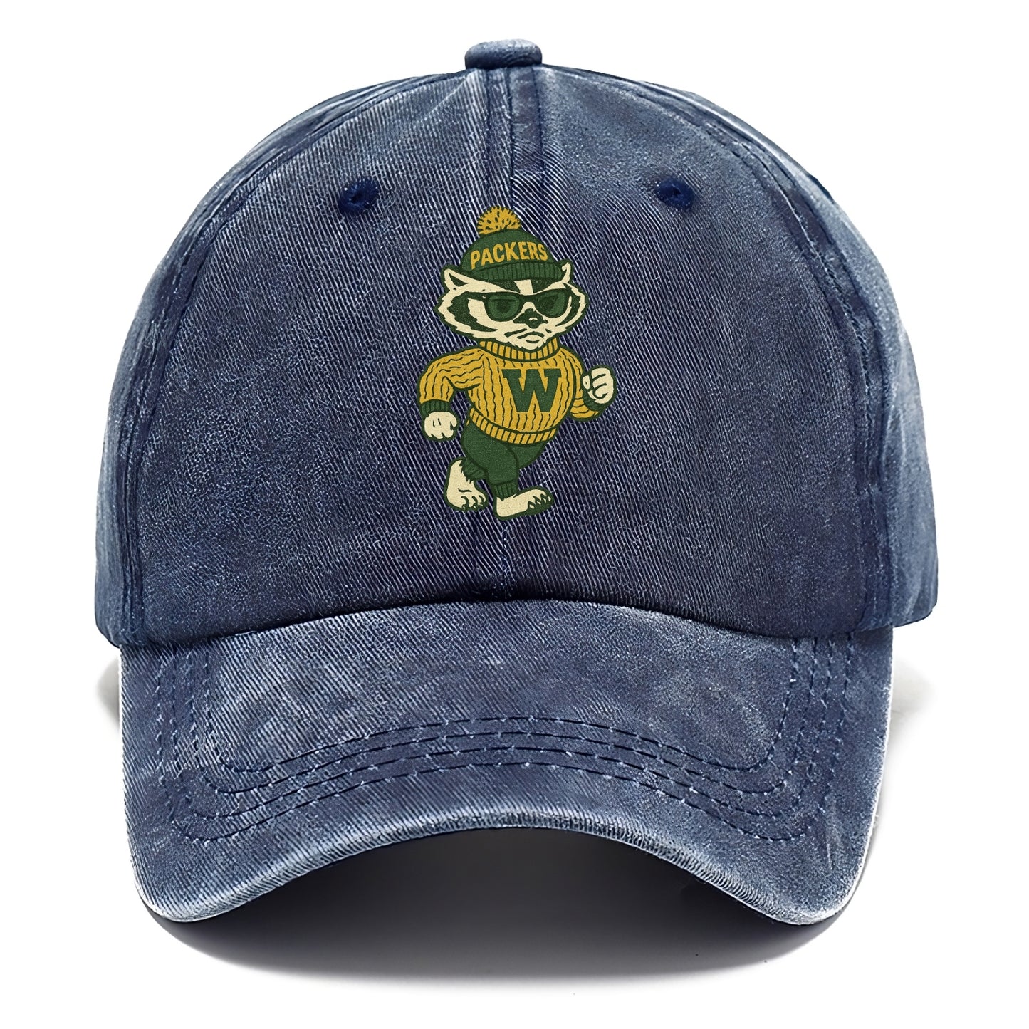Wisconsin Badger wearing Packers green and gold beanie with pom pom and wayfarer - Classic Cap - Twilight Navy(Blue)