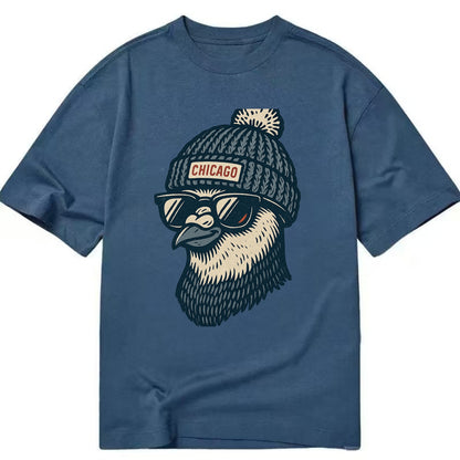 Chicago Pigeon wearing Chicago beanie with pom pom and wayfarer sunglasses - Classic T-shirt - Twilight Navy(Blue)