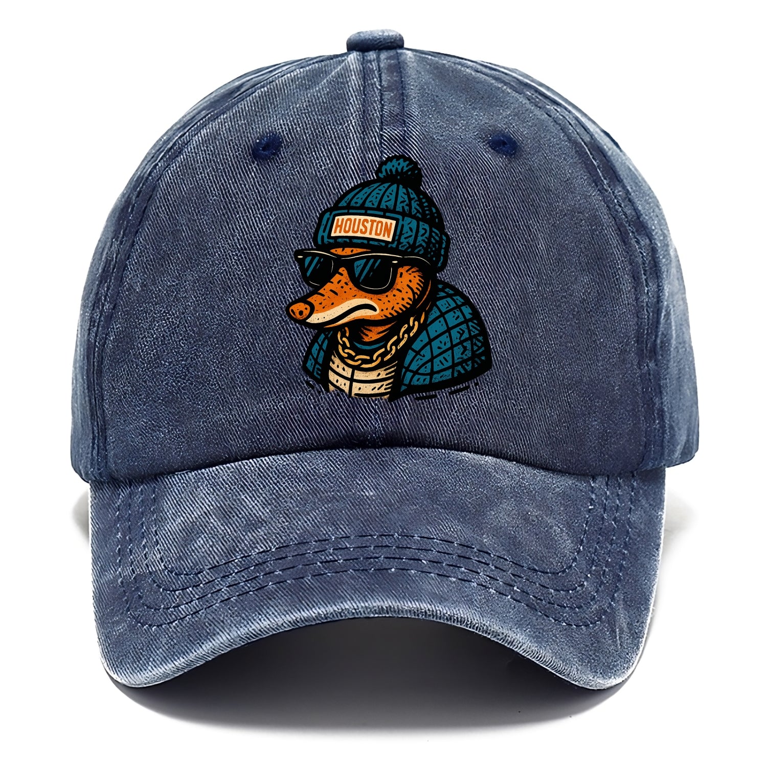 Houston Armadillo wearing Houston beanie with pom pom and wayfarer sunglasses - Classic Cap - Twilight Navy(Blue)