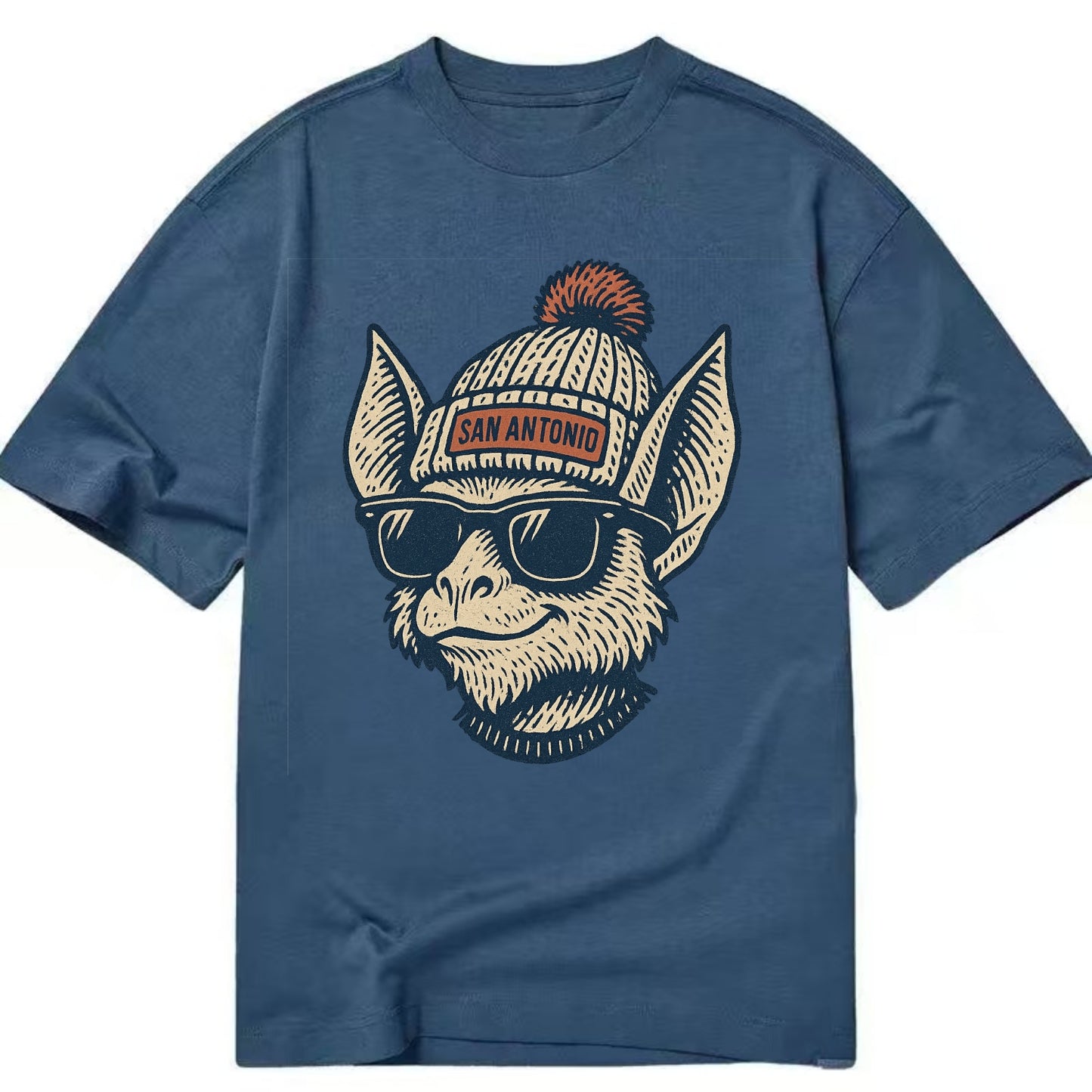 San Antonio Bat wearing San Antonio beanie with pom pom and wayfarer sunglasses - Classic T-shirt - Twilight Navy(Blue)
