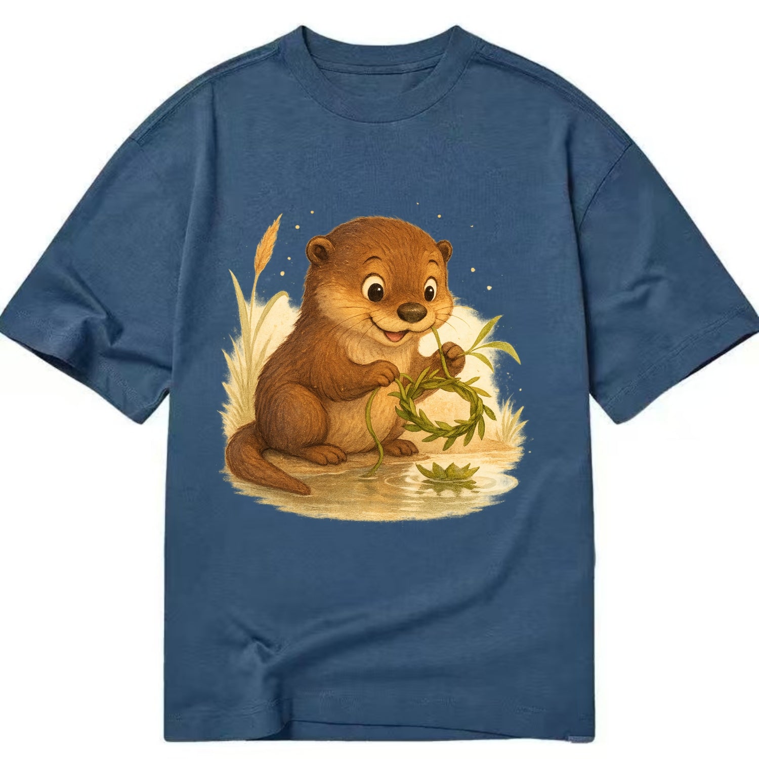 Otter weaving river reeds into a floating crown beside mirror-still water - Classic T-shirt - Twilight Navy(Blue)