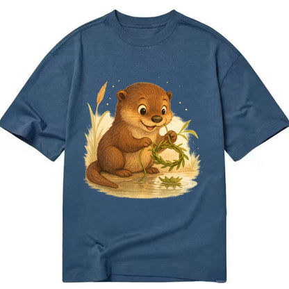 Otter weaving river reeds into a floating crown beside mirror-still water - Classic T-shirt - Twilight Navy(Blue)