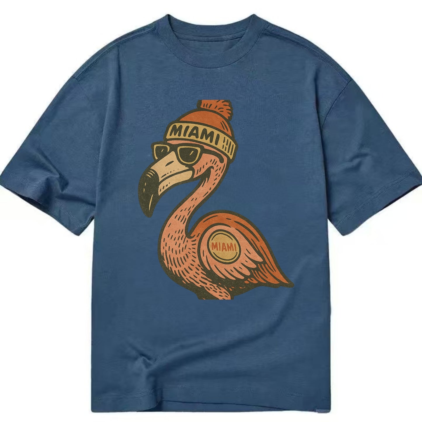 Miami Flamingo wearing Miami beanie with pom pom and wayfarer sunglasses - Classic T-shirt - Twilight Navy(Blue)