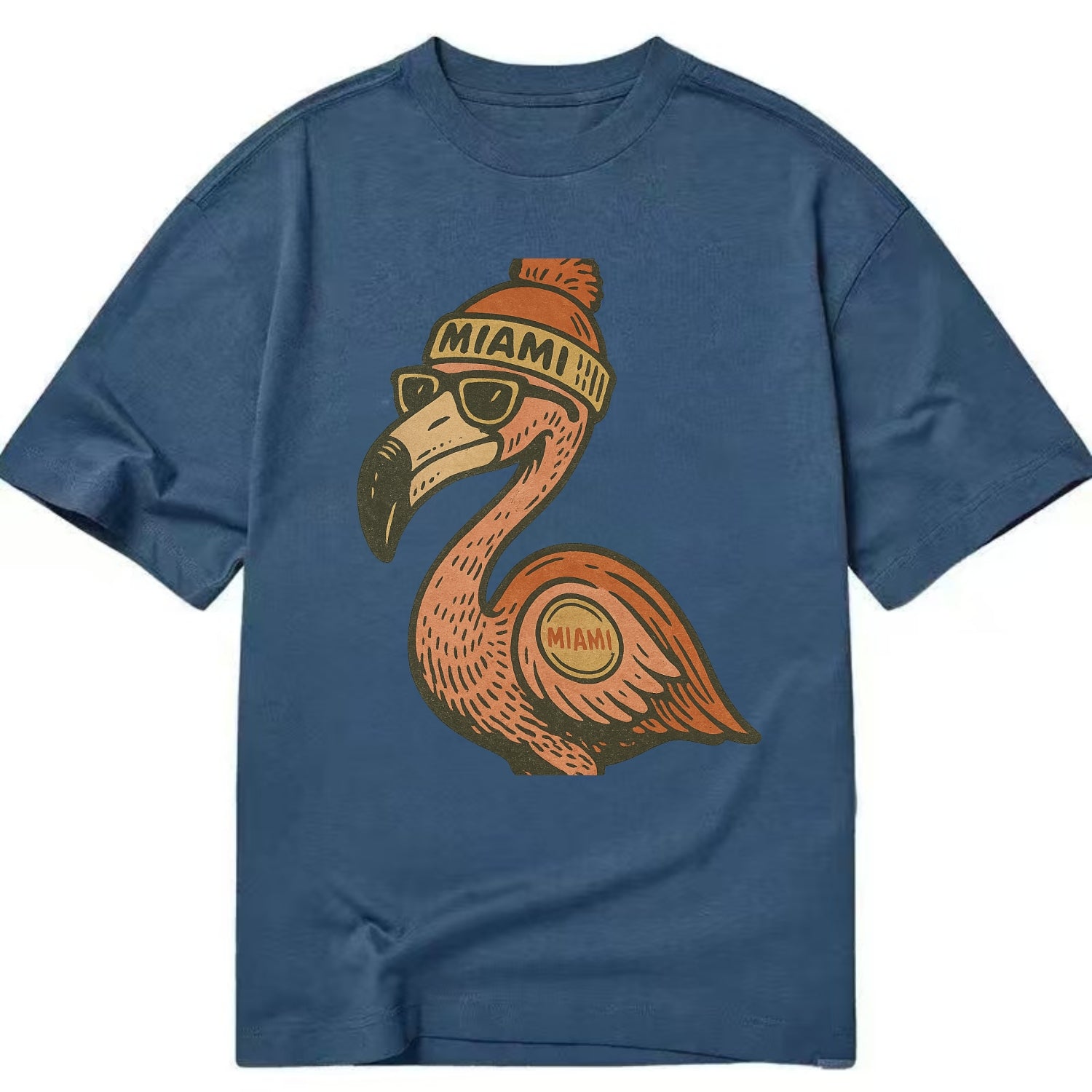 Miami Flamingo wearing Miami beanie with pom pom and wayfarer sunglasses - Classic T-shirt - Twilight Navy(Blue)