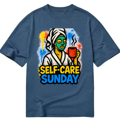 Person in bathrobe with face mask and tea - self-care Sunday ritual, wellness - Classic T-shirt - Twilight Navy(Blue)