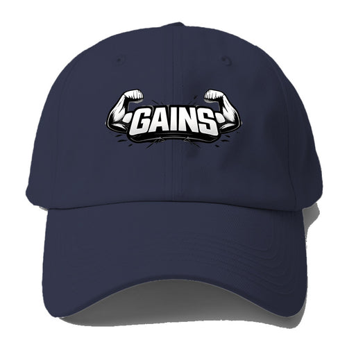 Bold typography design - GAINS - muscle growth, progress visible - Baseball Cap