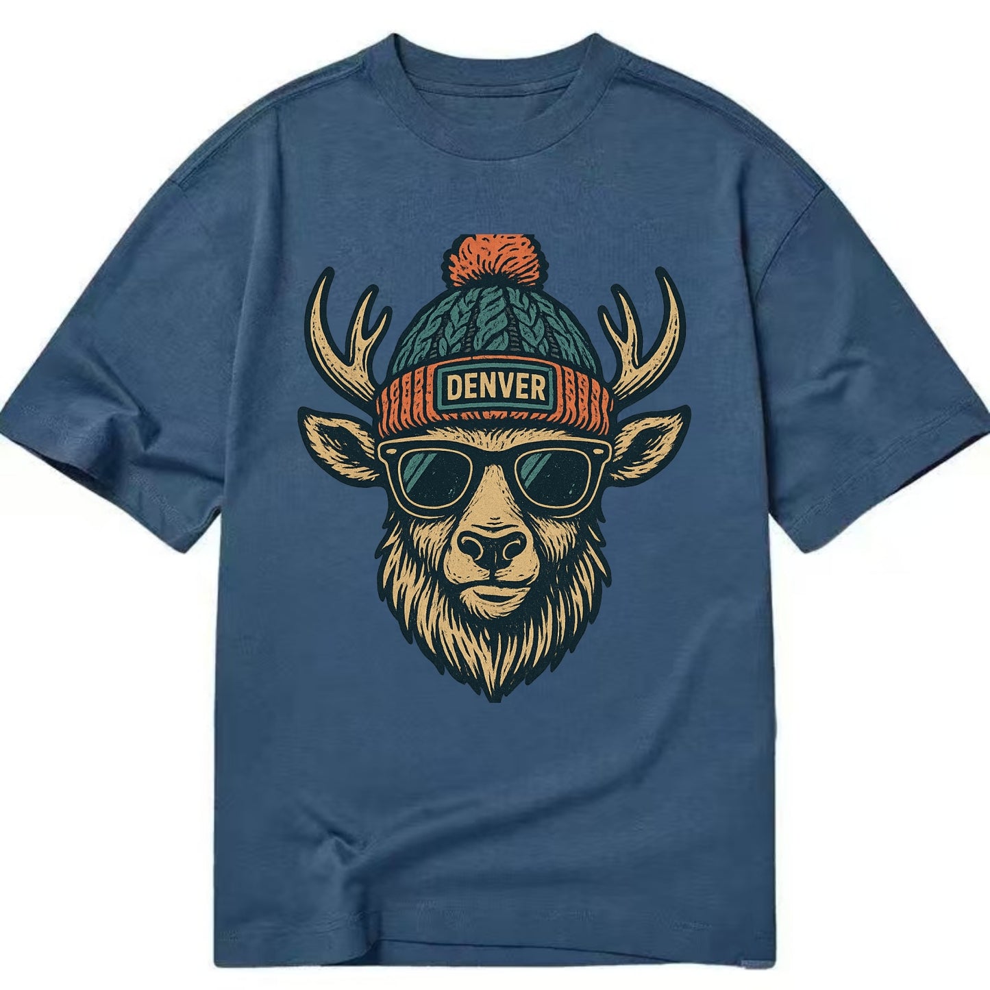 Denver Elk wearing Denver beanie with pom pom and wayfarer sunglasses - Classic T-shirt - Twilight Navy(Blue)
