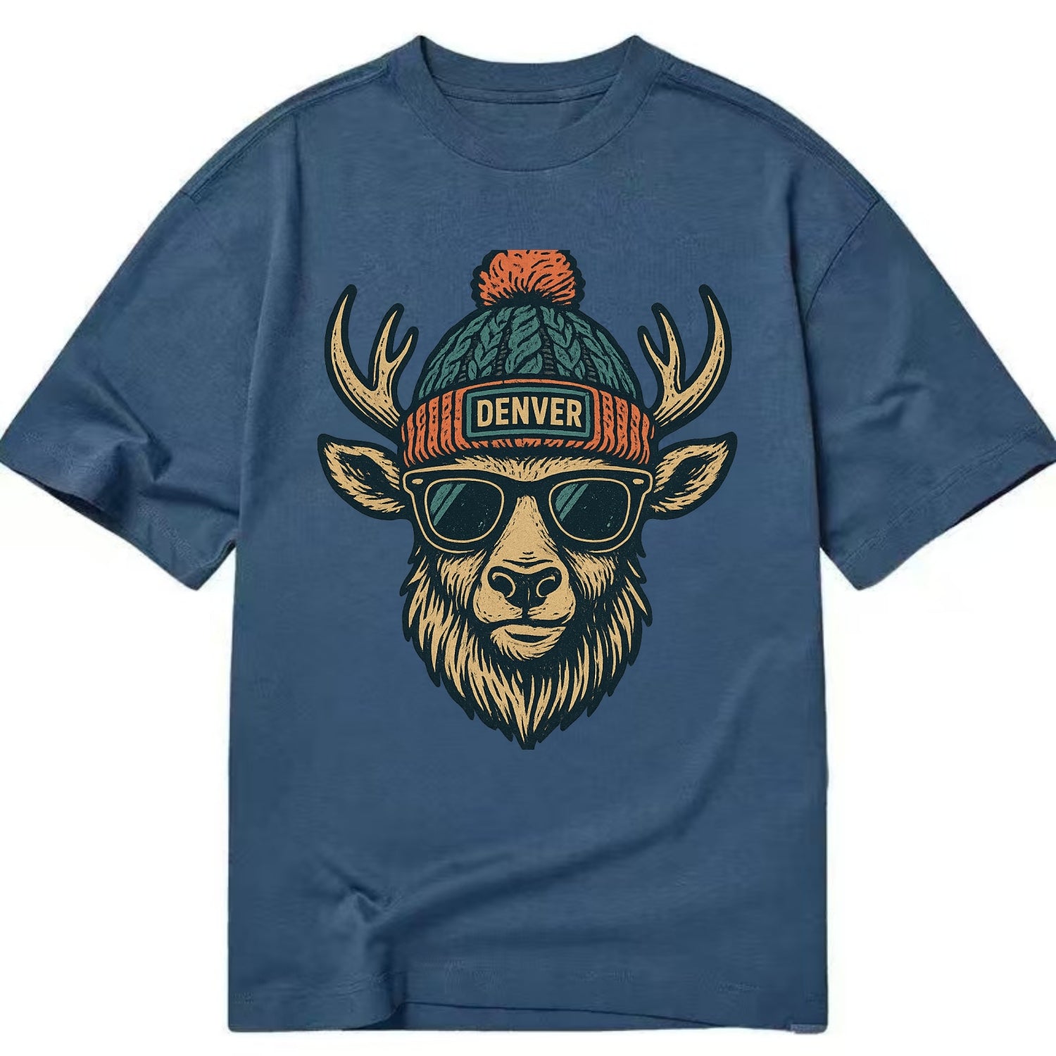 Denver Elk wearing Denver beanie with pom pom and wayfarer sunglasses - Classic T-shirt - Twilight Navy(Blue)