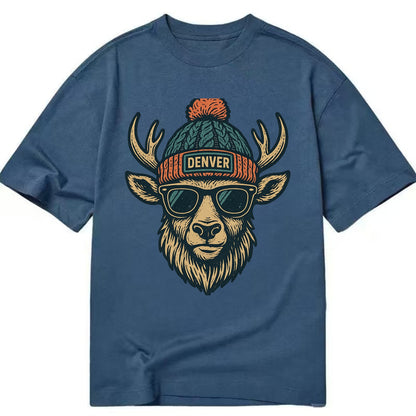 Denver Elk wearing Denver beanie with pom pom and wayfarer sunglasses - Classic T-shirt - Twilight Navy(Blue)