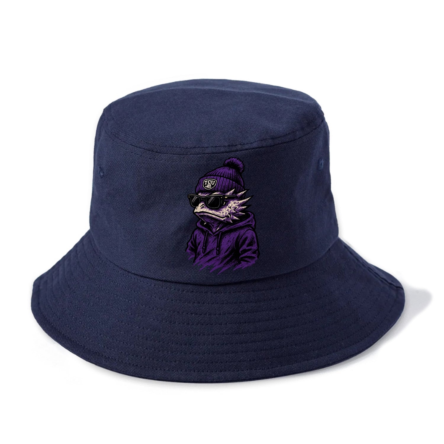 Fort Worth Horned Frog wearing TCU beanie with frog patch - Bucket Hat - Twilight Navy(Blue)
