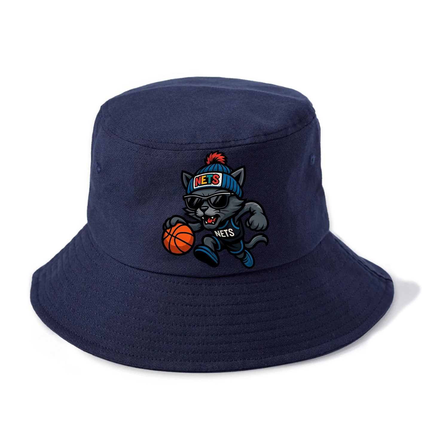 Brooklyn Cat wearing Nets beanie with street art patch and wayfarer sunglasses - Bucket Hat - Twilight Navy(Blue)
