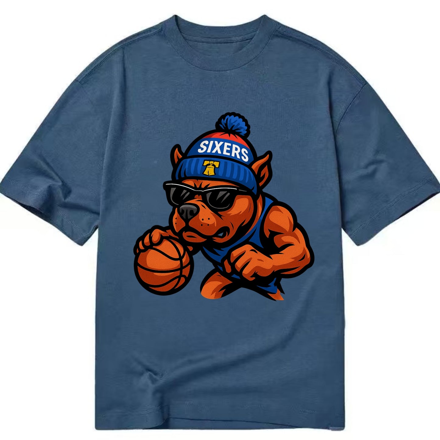 Philly Pitbull wearing Sixers beanie with Liberty Bell and wayfarer sunglasses - Classic T-shirt - Twilight Navy(Blue)