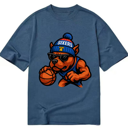 Philly Pitbull wearing Sixers beanie with Liberty Bell and wayfarer sunglasses - Classic T-shirt - Twilight Navy(Blue)