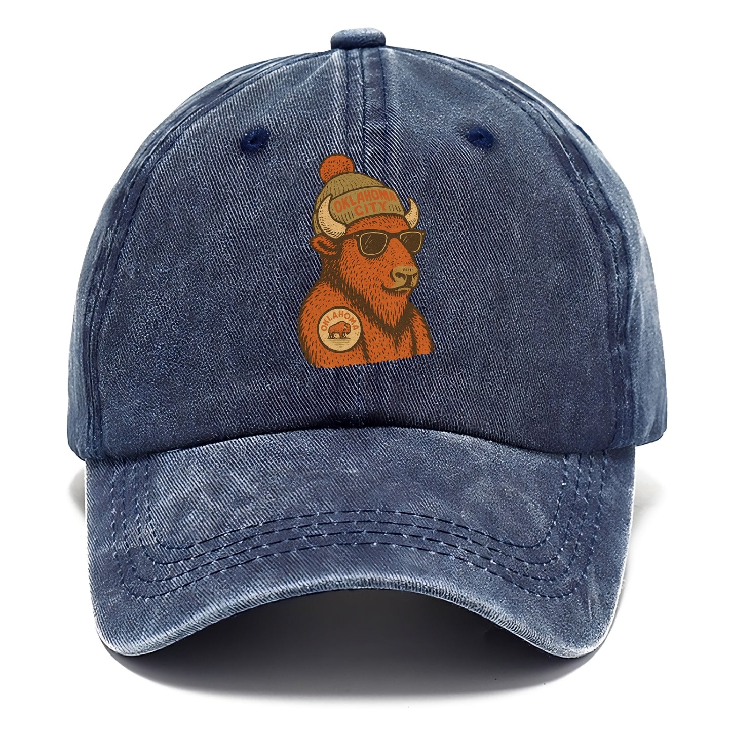 Oklahoma Buffalo wearing Oklahoma City beanie with pom pom and wayfarer sunglasses - Classic Cap - Twilight Navy(Blue)