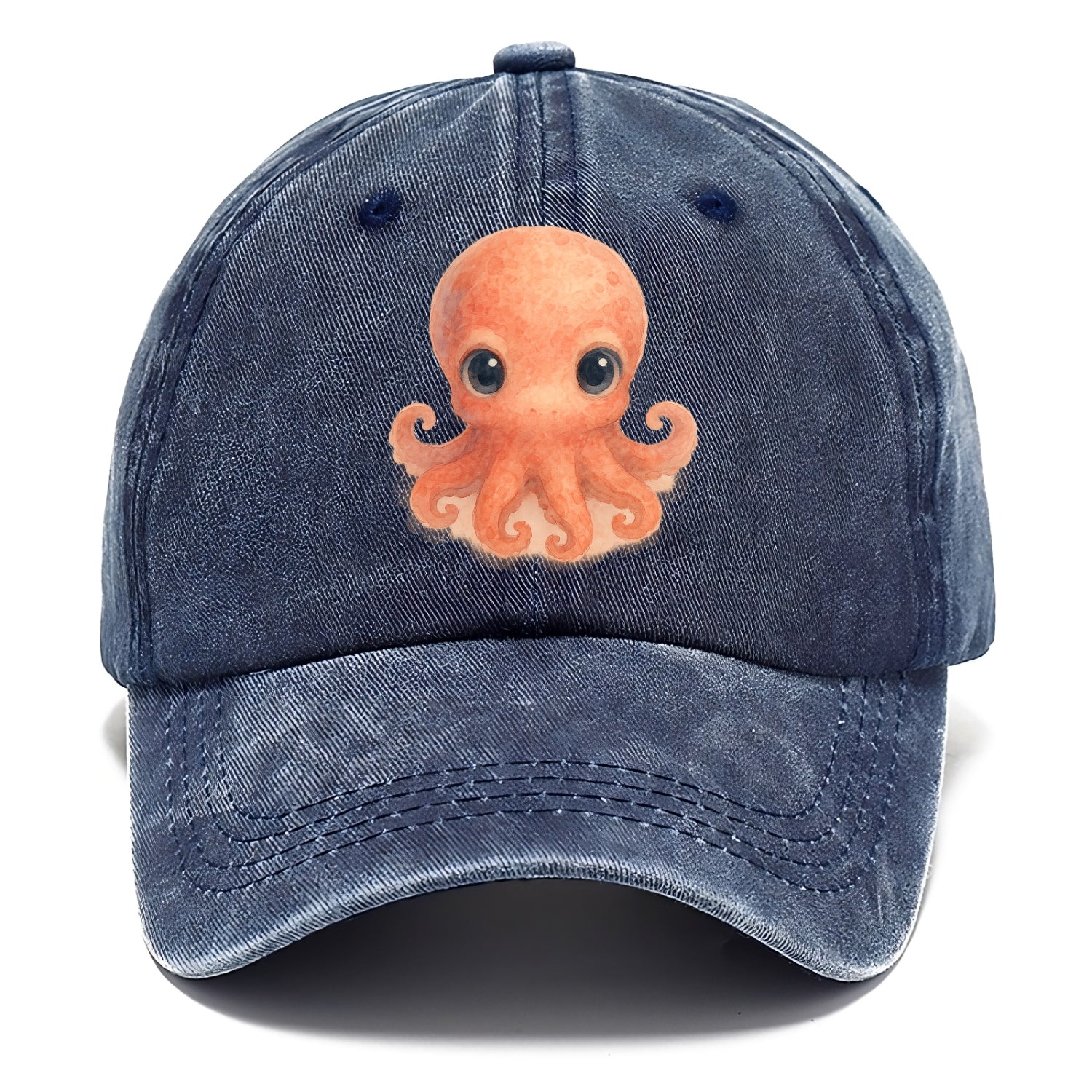 Baby Octopus - red-orange, eight tiny tentacles curled, large intelligent eyes, - Classic Cap - Twilight Navy(Blue)