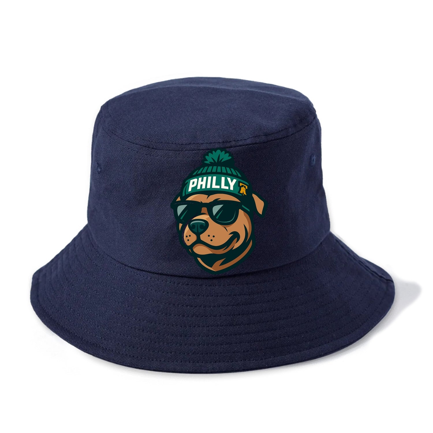 Philly Pitbull wearing Eagles beanie with Liberty Bell patch and wayfarer sunglasses - Bucket Hat - Twilight Navy(Blue)