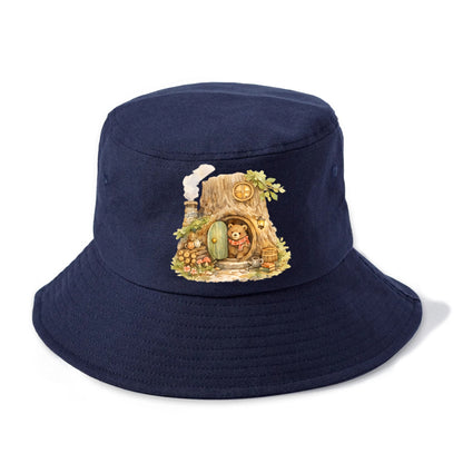 TREE HOME | Bear's home in hollow tree | Round door | Chimney smoke | Woodland - Bucket Hat - Twilight Navy(Blue)