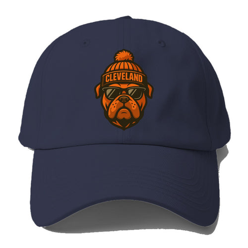 Cleveland Bulldog wearing Browns orange and brown beanie with pom pom - Baseball Cap For Big Heads