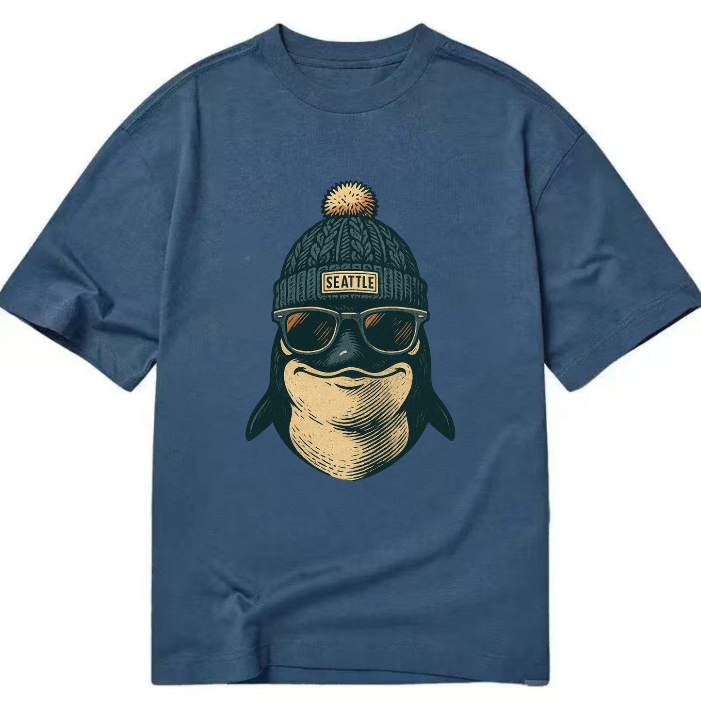 Washington Orca wearing Seattle beanie with pom pom and wayfarer sunglasses - Classic T-shirt - Twilight Navy(Blue)