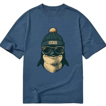 Washington Orca wearing Seattle beanie with pom pom and wayfarer sunglasses - Classic T-shirt - Twilight Navy(Blue)