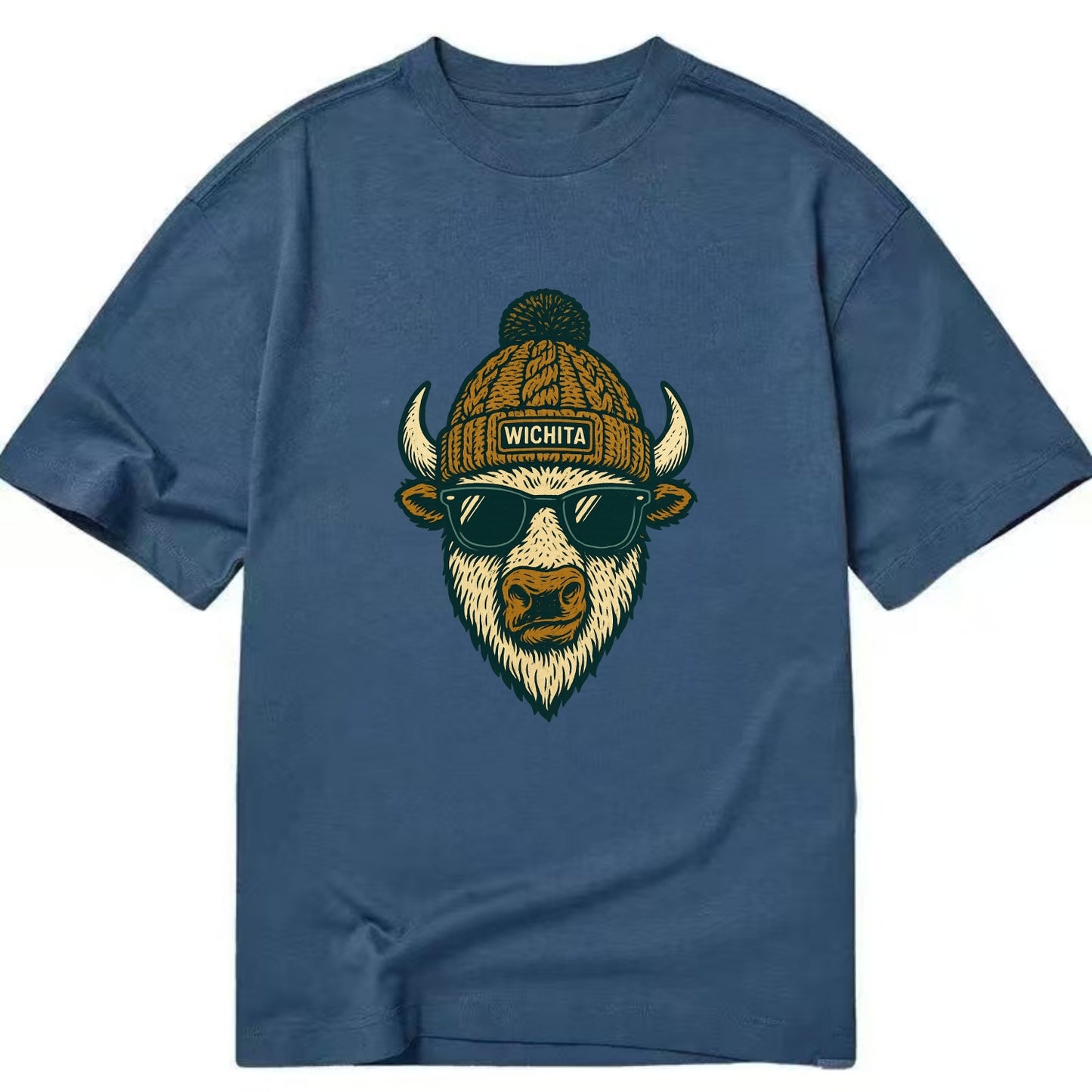 Kansas American Bison wearing Wichita beanie with pom pom and wayfarer sunglasses - Classic T-shirt - Twilight Navy(Blue)