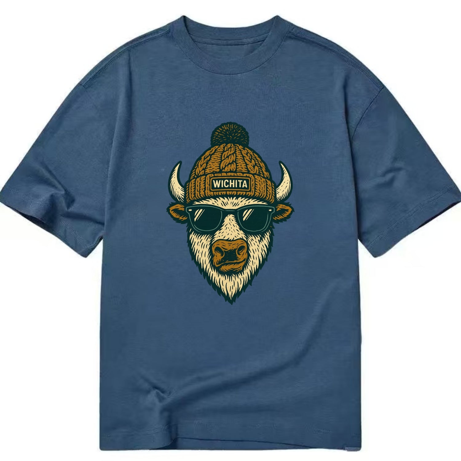 Kansas American Bison wearing Wichita beanie with pom pom and wayfarer sunglasses - Classic T-shirt - Twilight Navy(Blue)