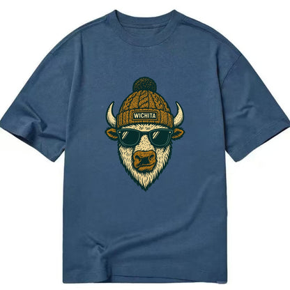 Kansas American Bison wearing Wichita beanie with pom pom and wayfarer sunglasses - Classic T-shirt - Twilight Navy(Blue)