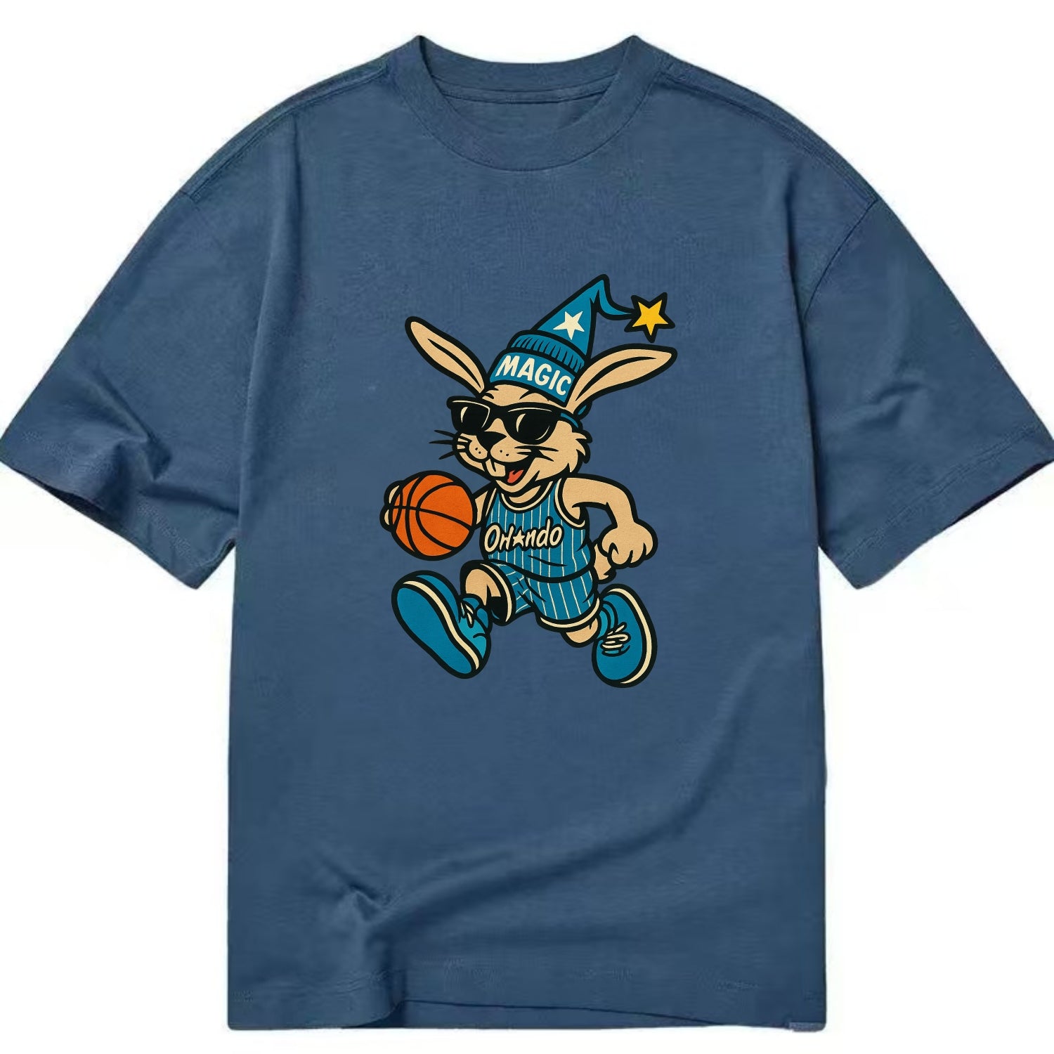 Orlando Rabbit wearing Magic blue and silver beanie with wizard hat and wayfarer - Classic T-shirt - Twilight Navy(Blue)