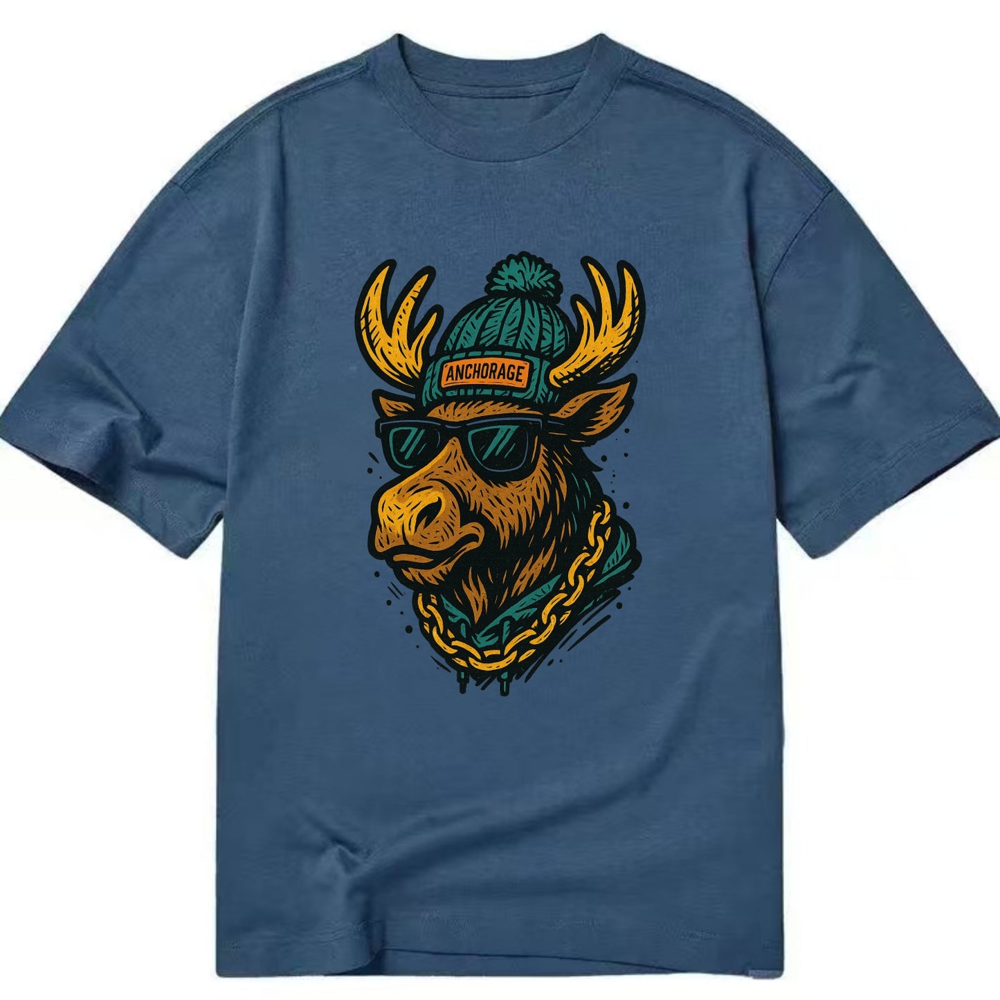 Alaska Moose wearing Anchorage beanie with pom pom and wayfarer sunglasses - Classic T-shirt - Twilight Navy(Blue)
