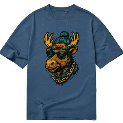 Alaska Moose wearing Anchorage beanie with pom pom and wayfarer sunglasses - Classic T-shirt - Twilight Navy(Blue)