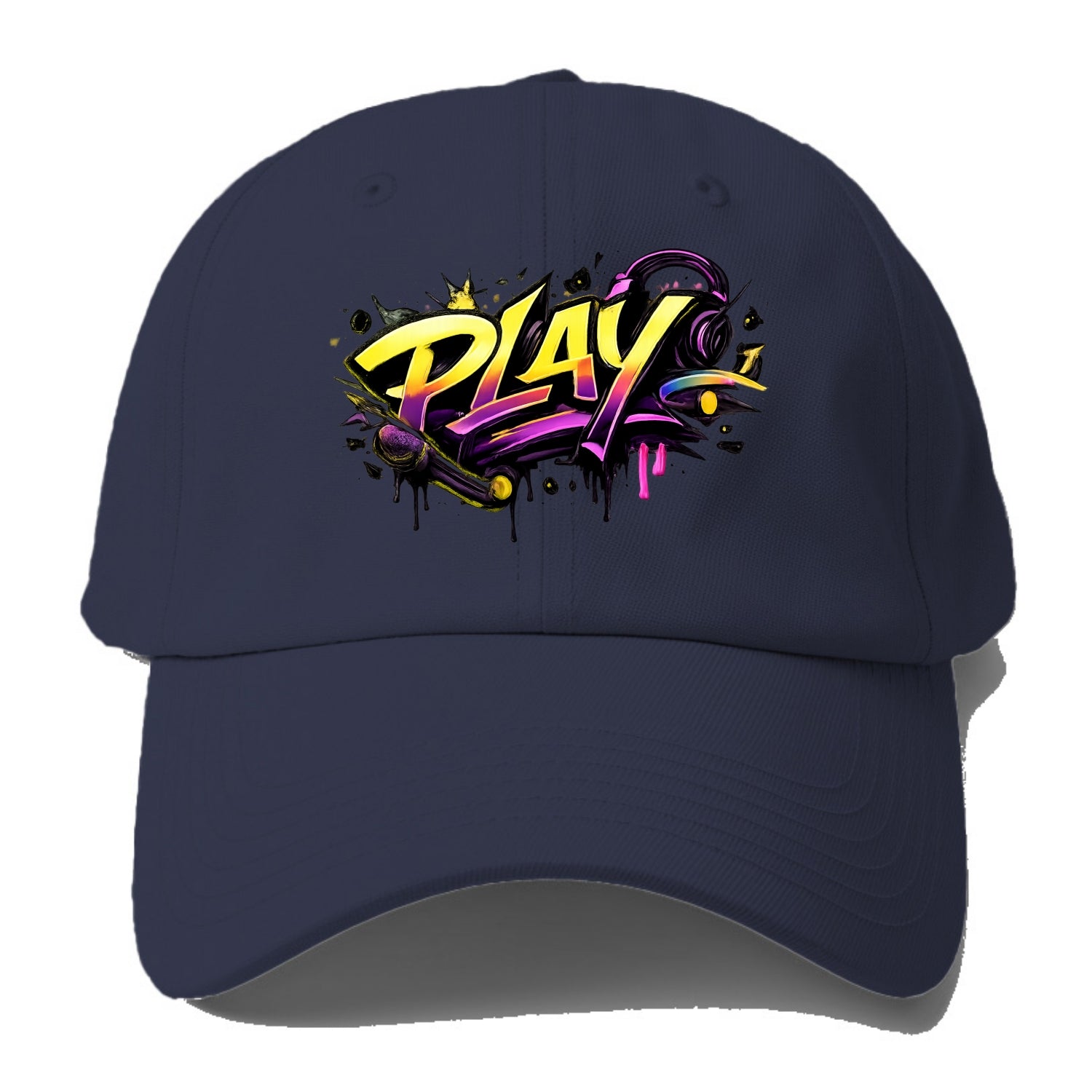 Bold typography design - "PLAY" - creative expression, musical performance - Baseball Cap - Twilight Navy(Blue)