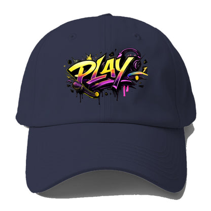 Bold typography design - "PLAY" - creative expression, musical performance - Baseball Cap - Twilight Navy(Blue)