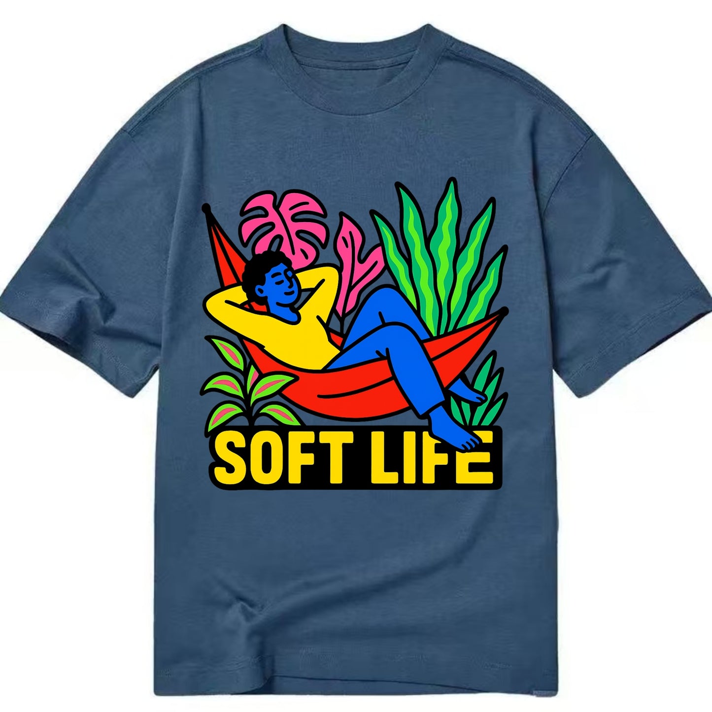 Person relaxing in hammock with plants - "soft life" aesthetic, peaceful living - Classic T-shirt - Twilight Navy(Blue)
