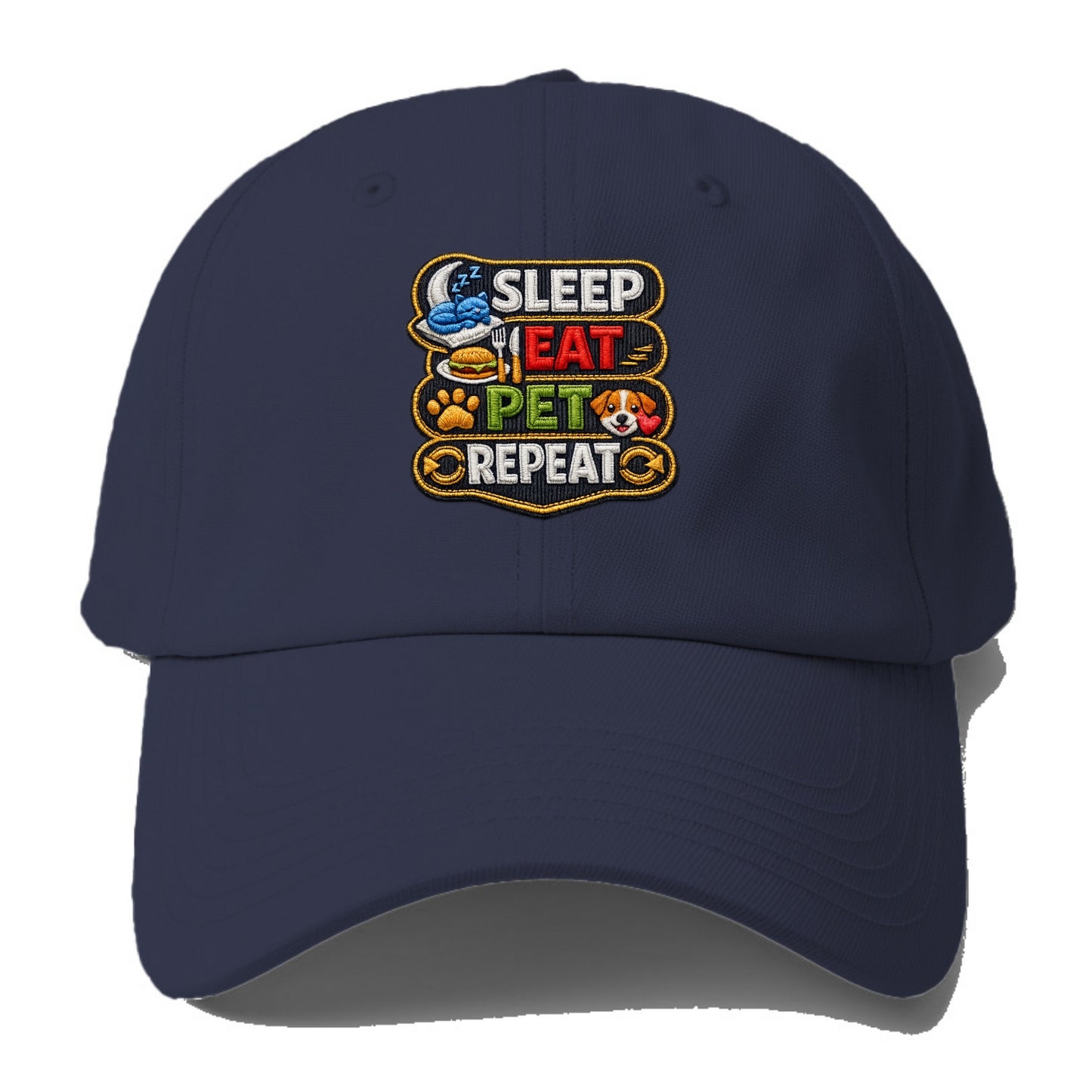 SLEEP EAT PET REPEAT - daily routine icons in multicolor , pet life - Baseball Cap For Big Heads - Twilight Navy(Blue)