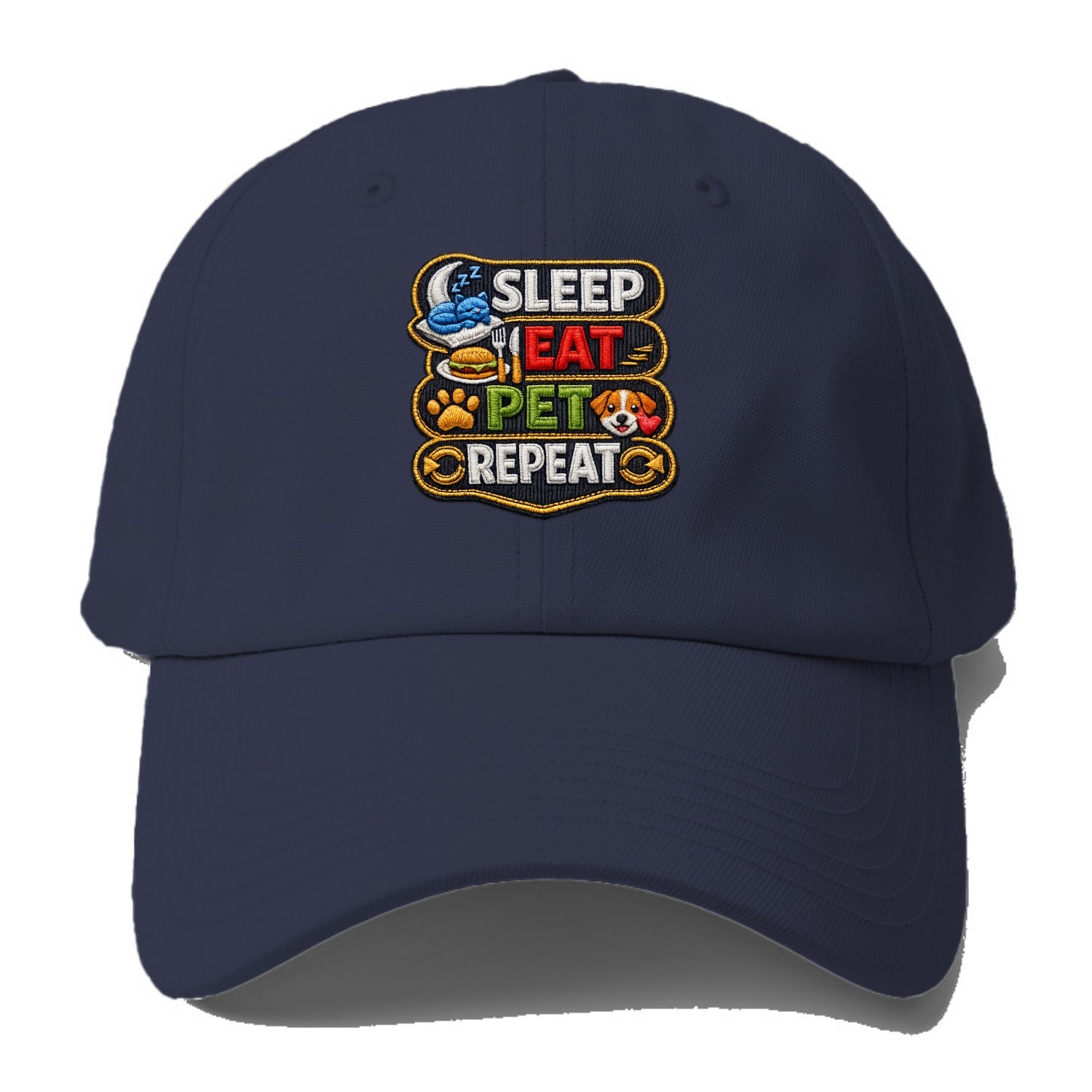 SLEEP EAT PET REPEAT - daily routine icons in multicolor , pet life - Baseball Cap For Big Heads - Twilight Navy(Blue)