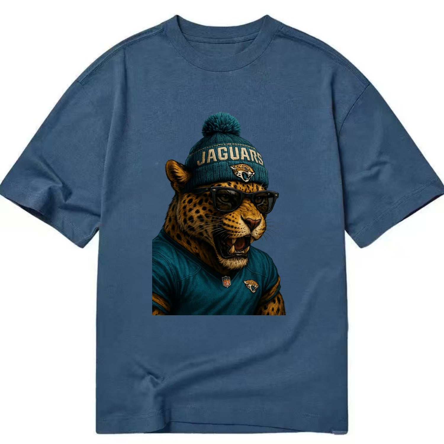 Jacksonville Jaguar wearing Jaguars teal and gold beanie with pom pom and - Classic T-shirt - Twilight Navy(Blue)