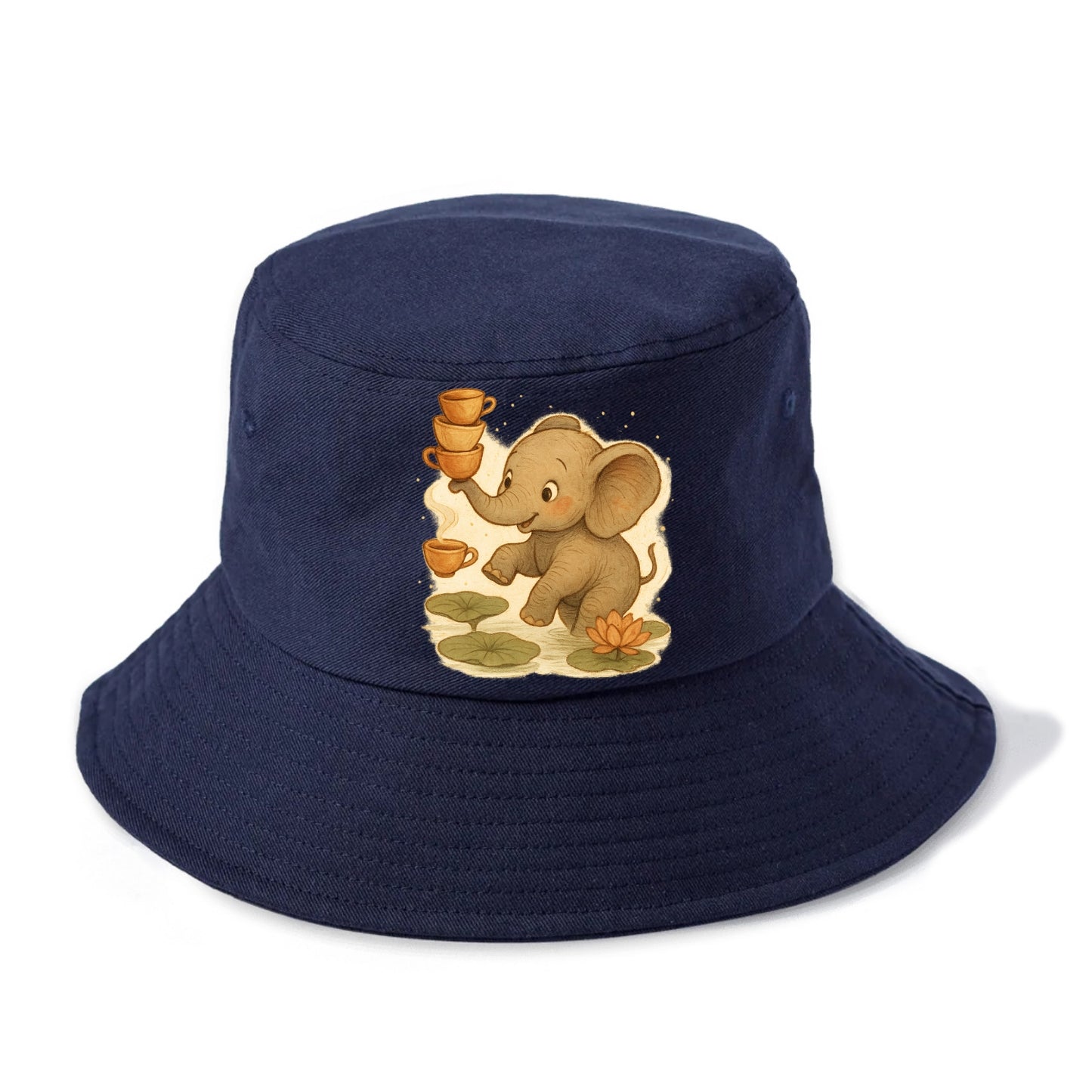 Elephant balancing teacups during a floating tea ceremony beside lotus ponds - Bucket Hat - Twilight Navy(Blue)