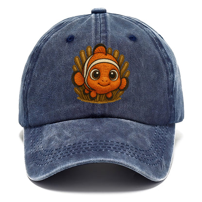 Baby Clownfish - orange with white stripes, big round eyes, front-facing in anemone, - Classic Cap - Twilight Navy(Blue)