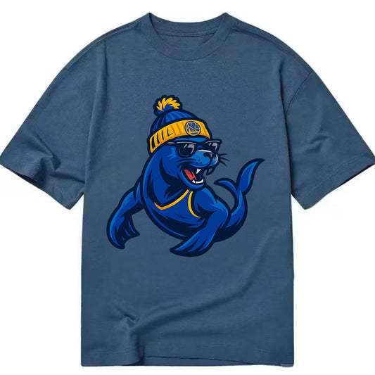 Bay Area Sea Lion wearing Warriors blue and gold beanie with Golden Gate and - Classic T-shirt - Twilight Navy(Blue)