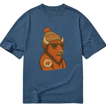 Oklahoma Buffalo wearing Oklahoma City beanie with pom pom and wayfarer sunglasses - Classic T-shirt - Twilight Navy(Blue)