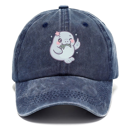 chubby manatee munching on seagrass, one flipper raised with sass - Classic Cap - Twilight Navy(Blue)