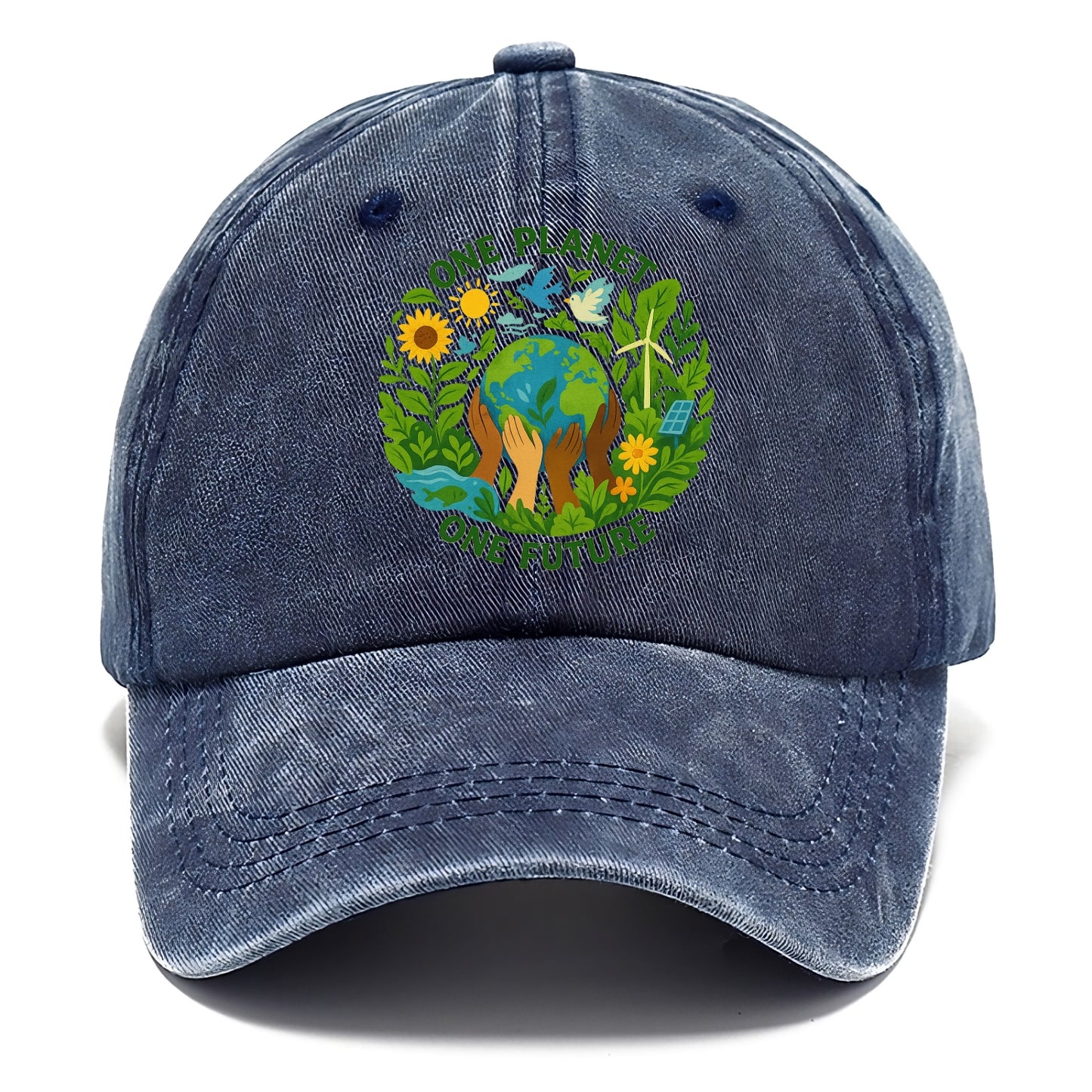 Globe surrounded by hands of all colors working together - "One Planet, One Future" - - Classic Cap - Twilight Navy(Blue)