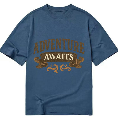 Bold typography design - "ADVENTURE AWAITS" - excitement ahead, ready for anything - Classic T-shirt - Twilight Navy(Blue)