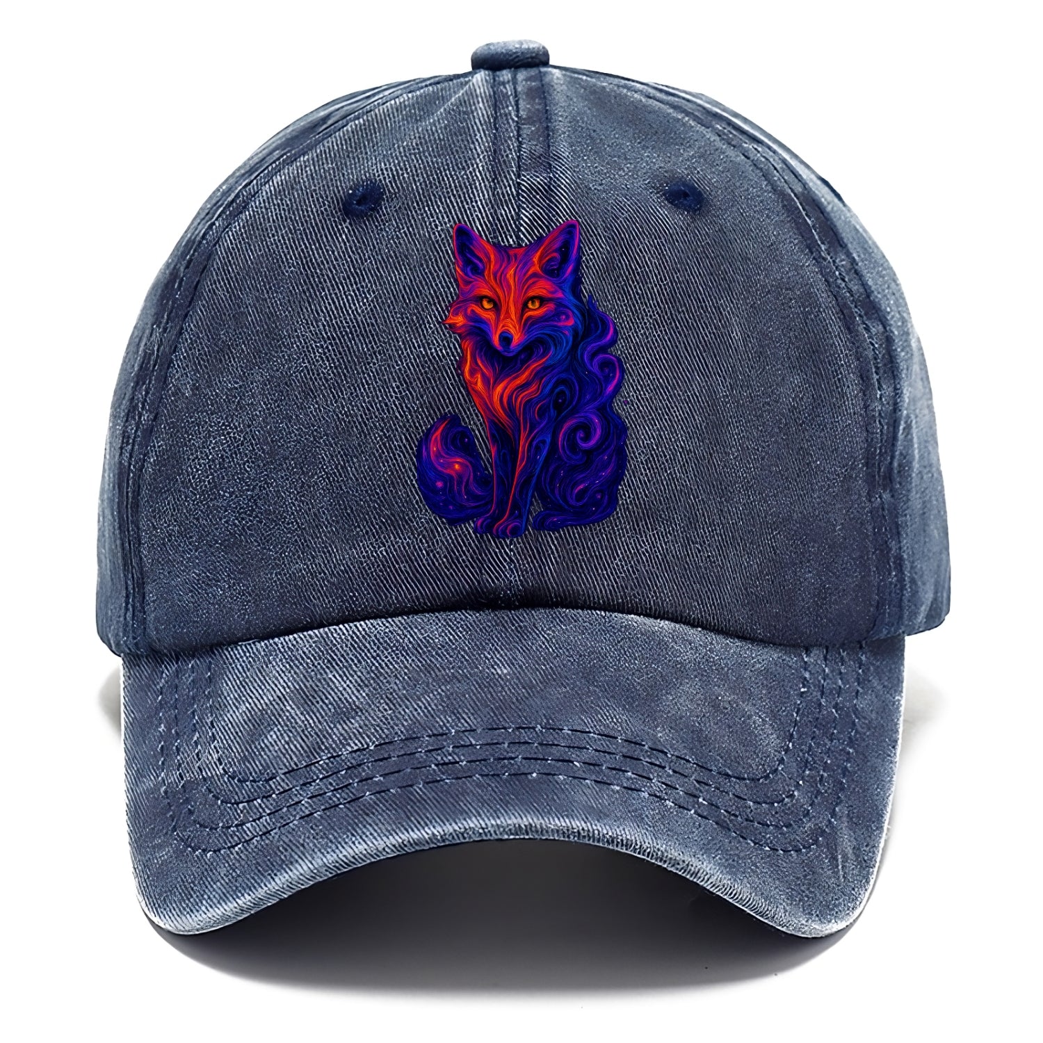 Clever fox with tail dissolving into cosmic nebula swirls, orange to purple gradient - Classic Cap - Twilight Navy(Blue)