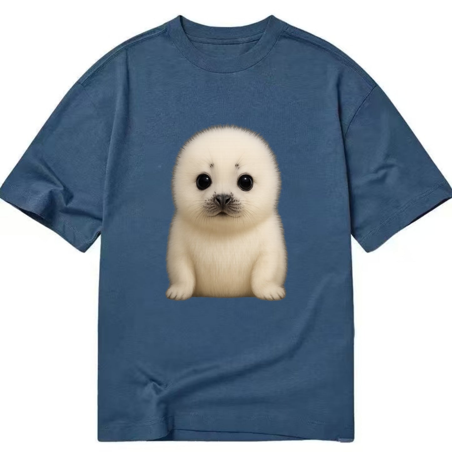 Baby Harp Seal - pure white fluffy fur, enormous dark eyes, front-facing, iconic - Classic T-shirt - Twilight Navy(Blue)