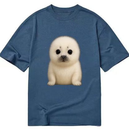 Baby Harp Seal - pure white fluffy fur, enormous dark eyes, front-facing, iconic - Classic T-shirt - Twilight Navy(Blue)