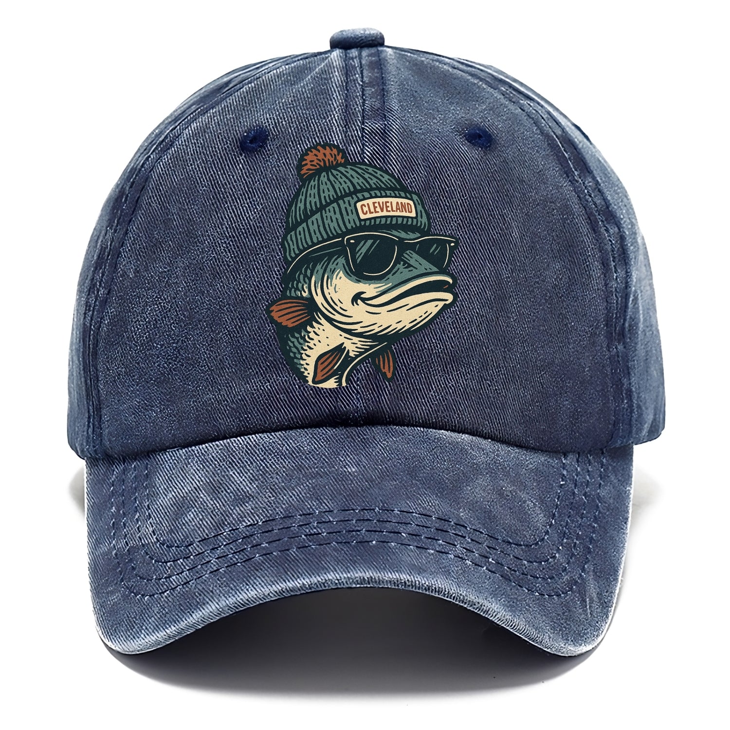 Cleveland Lake Erie Walleye wearing Cleveland beanie with pom pom and wayfarer - Classic Cap - Twilight Navy(Blue)